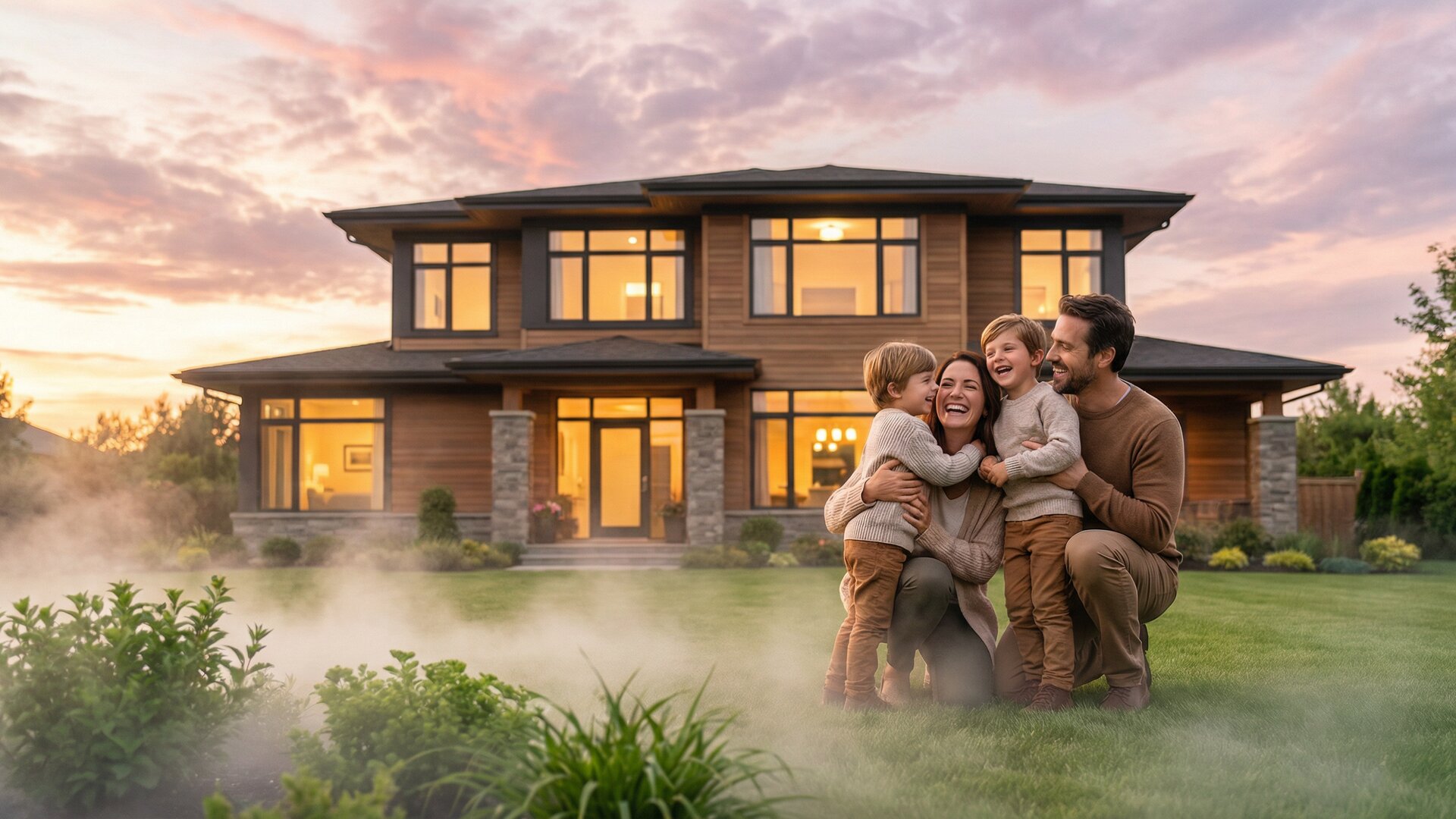 Glückliche Familie mit Schlüssel vor ihrem neuen Eigenheim