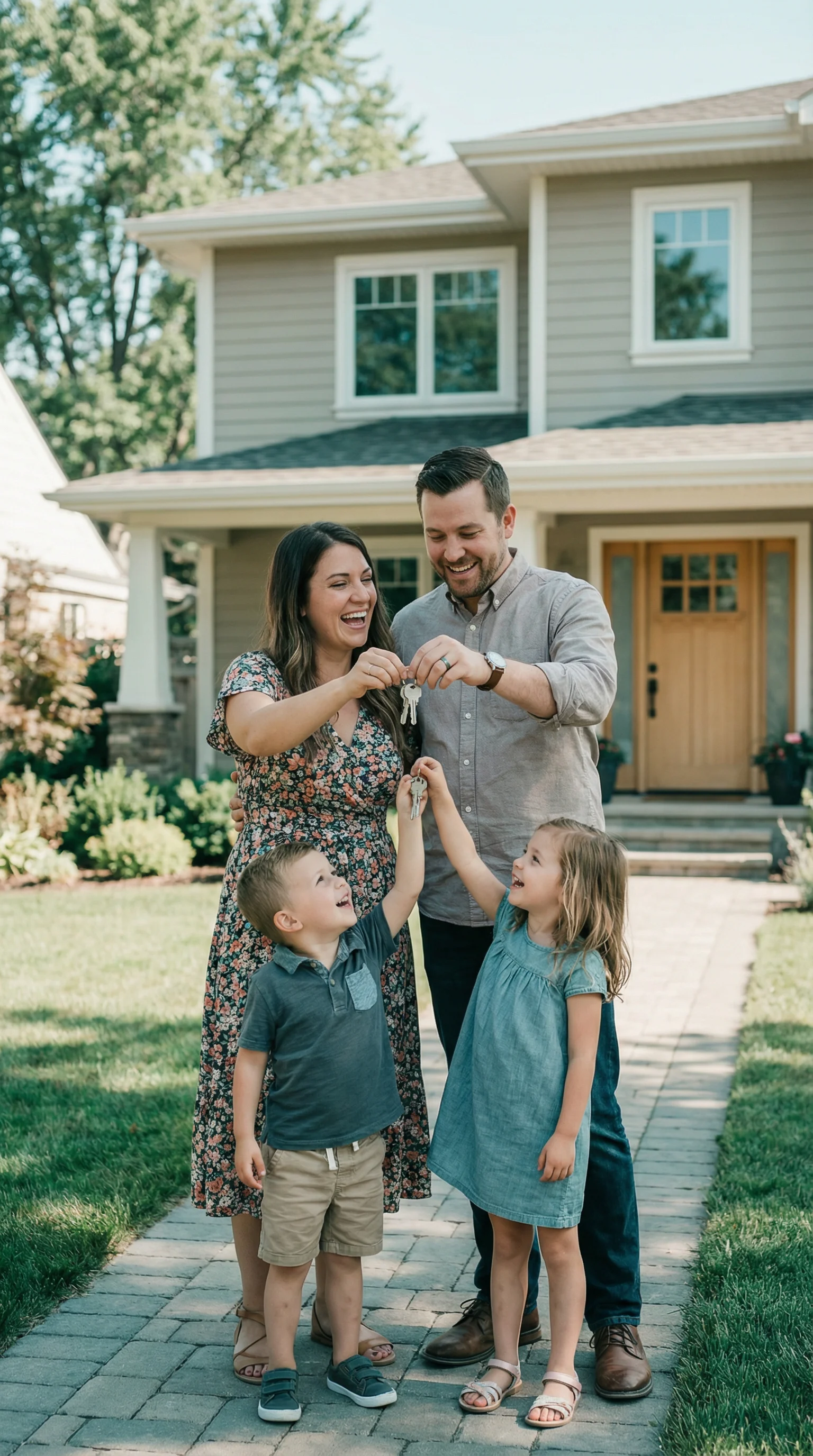 Familie vor ihrem neuen Eigenheim — Komplett-Begleitung Hauskauf für Familien, unabhängige Immobilienkaufberatung Berlin