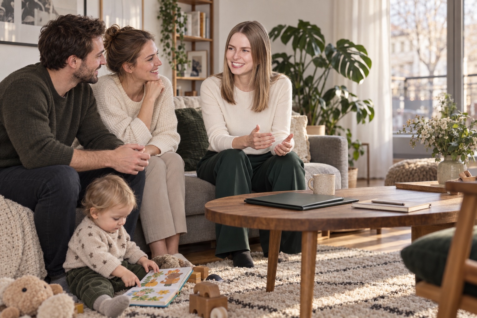 Hauskaufberatung für Familien · Uta Möllmann berät eine Familie im Wohnzimmer · Berlin · RockImmos